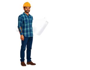 Construction worker with helmet and blueprint vector transparent background