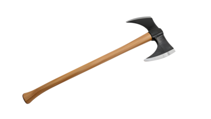 Doublebladed battle axe with wooden handle isolated on the transparent background for medieval, fantasy, and cosplay themes