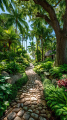 Tropical stone pathway winding through lush greenery in a serene garden setting under bright sunlight