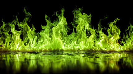 Sizzling green flames dance against a dark backdrop, creating a striking visual display of fire and vibrant color in an artistic arrangement