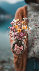 Young person holds a vibrant bouquet of wildflowers by a serene lakeside in autumn, capturing a moment of natural beauty during a peaceful afternoon