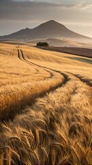 Obraz premium Golden wheat field with rolling hills and a mountain in the background golden hour