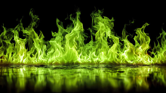 Sizzling green flames dance against a dark backdrop, creating a striking visual display of fire and vibrant color in an artistic arrangement