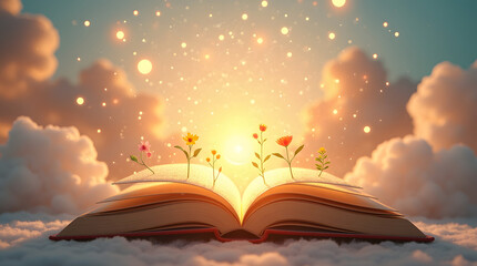 An enchanting open book, from which golden sparkles emanate, each sparkle transforming into tiny scenes of peace, blooming flowers, and sunrise. The background is dreamy pastel clouds.
