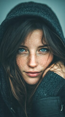 Young woman with striking blue eyes and freckles, wearing a dark hoodie, gazes intently at the camera in a soft natural light setting