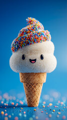 Cute ice cream cone character with colorful sprinkles and a smiling face against a blue background