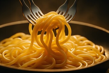 Spaghetti glossy noodles tossing in dish with backlight. Ideal as motion background for ads and reels