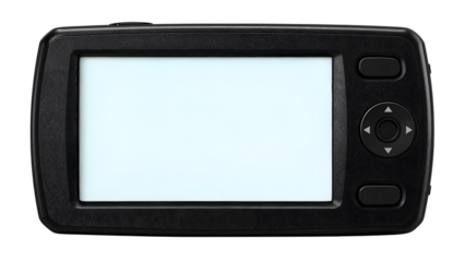 Blank black handheld electronic device with large display screen and navigation buttons isolated on the transparent background