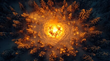 Aerial view of a snowy forest with a central bonfire
