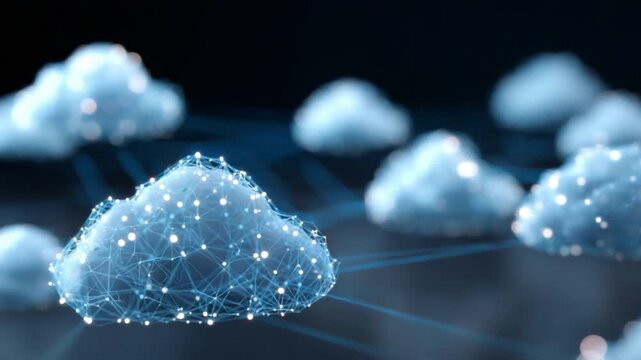 Digital Cloudscape: A compelling visual of interconnected, luminescent digital clouds, symbolizing the boundless realms of technology. This striking design portrays innovation, connectivity.