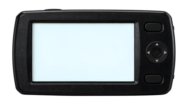 Blank black handheld electronic device with large display screen and navigation buttons isolated on the transparent background