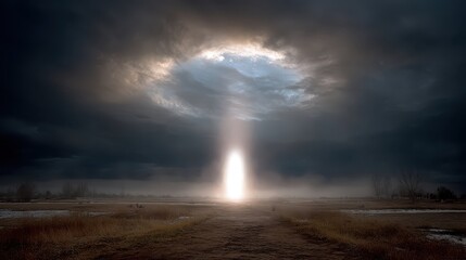 Ethereal Portal in the Sky Illuminating a Dark Landscape