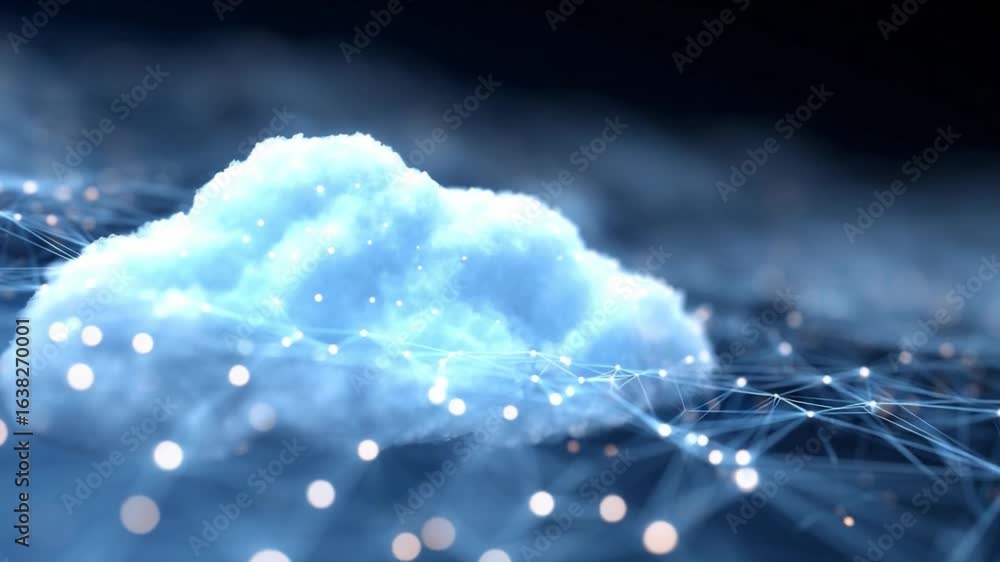 Poster cloud computing concept: an ethereal depiction of cloud computing, where data, represented by glowin