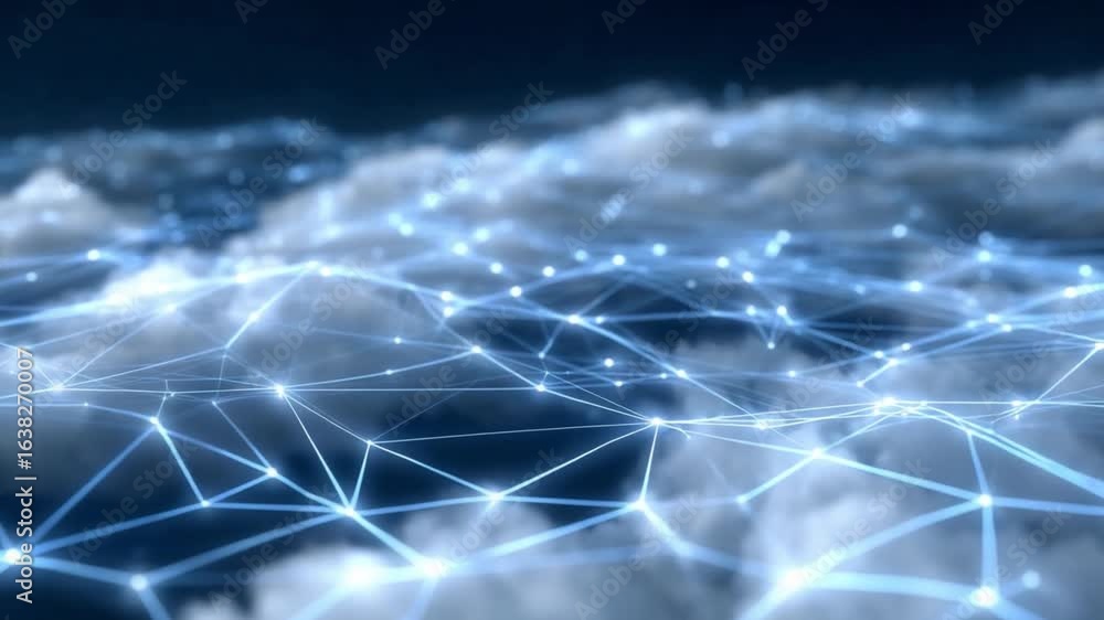 Poster cloud computing: a mesmerizing network of interconnected nodes hovers above a sea of ethereal clouds