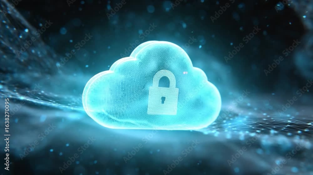 Poster digital cloud security: a vibrant, futuristic graphic depicting a secure cloud, symbolized by a glow