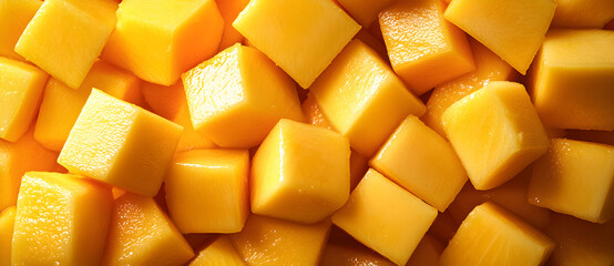 Fresh ripe mango sliced into neat cubes, close-up top view creating colorful tropical fruit background for organic food, nutrition, and healthy lifestyle visuals.