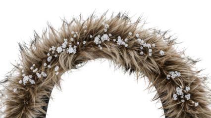 Macro closeup of faux fur hood with snowflakes on winter coat isolated on the transparent background