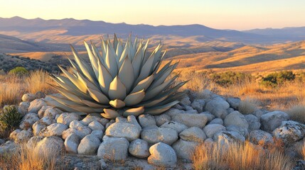 Agave plant atop rocky hill, sunset vista