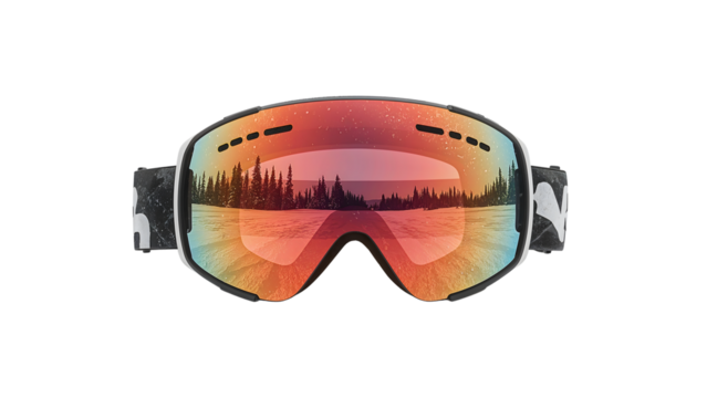 Ski goggles with reflective lenses showing snowy landscape and pine trees on the transparent background