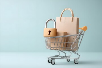 Shopping Cart with Paper Bag and Padlock Symbolizing E-commerce Security, Consumer Protection, and Purchasing Power Limitations