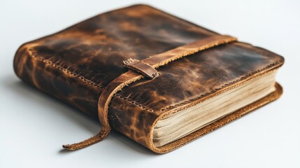 Aged leather-bound journal, light tan pages, leather straps