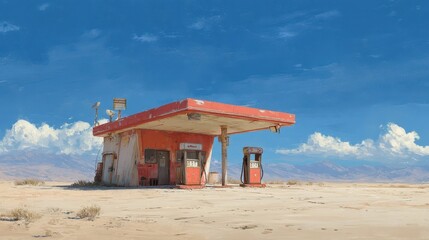 Isolated Gas Station in a Desert Landscape Under a Clear Sky