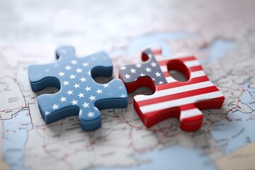 Two Interlocking Puzzle Pieces with American Flag Design on World Map Symbolizing US Diplomacy, Trade, and International Relations