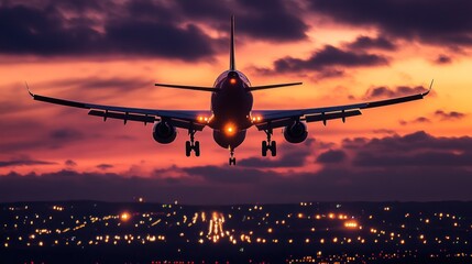 Airplane landing at sunset over city lights