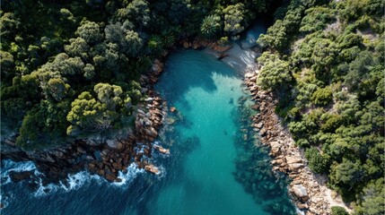 Aerial View of Rocky Cove with Clear Turquoise Water
