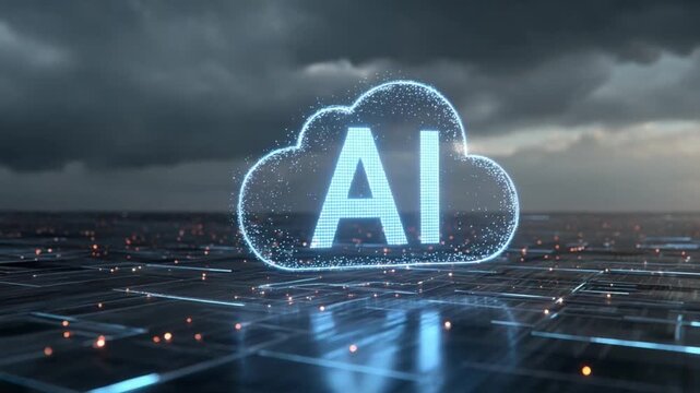 AI Cloud: A captivating visual of a cloud-shaped graphic, adorned with the initials AI, sits atop a modern network grid against a dynamic overcast sky. 