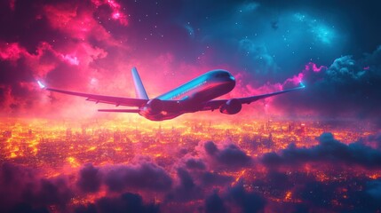 Airplane over a vibrant city at night, neon colors