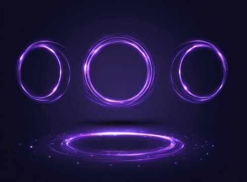 Three vibrant purple glowing rings, swirling energy, float above a similar but larger ring on a dark background, creating a futuristic, ethereal effect with subtle sparkle - Powered by Adobe