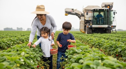 Hispanic woman and two children harvesting strawberries in a lush green field, with a large agricultural machine in the background, showcasing family farming and teamwork in agriculture
