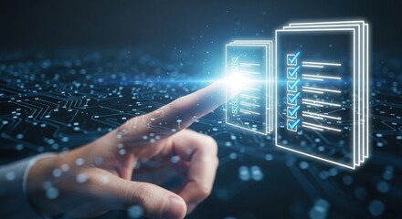 Finger touching glowing digital checklist on futuristic circuit board background technology data