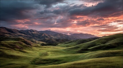 Dramatic Sunset Over Rolling Green Hills Under Colorful Sky