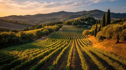 Golden Hour Over Rolling Vineyards in Beautiful Countryside Landscape