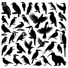 Set of black silhouettes of birds on white background. Vector illustration.