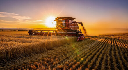 Fototapeta premium Agricultural machinery harvesting golden wheat in a vast field during sunset, with rays of sunlight illuminating the landscape and creating a serene rural atmosphere