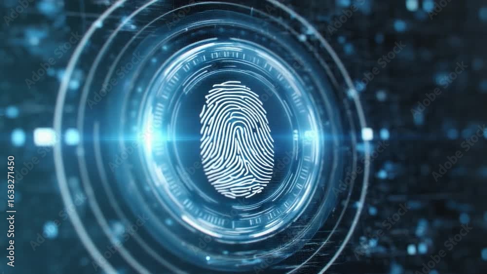 Poster digital fingerprint: a modern, detailed view of a digital fingerprint rendered in a futuristic style