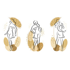 Collection. Silhouette of a cute lady and leaves of a plant. The girl is standing. The woman has a beautiful figure. She is young and slim. Vector illustration set.