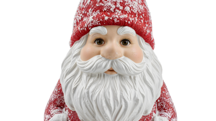 Festive santa claus figurine with snowy red hat and white beard on the transparent background for christmas decoration