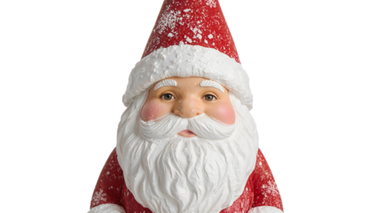 Festive santa claus figurine with red hat and snow accents isolated on the transparent background for christmas decor