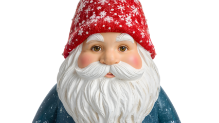 Festive santa figurine with red snowflake hat and white beard isolated on the transparent background for christmas decor