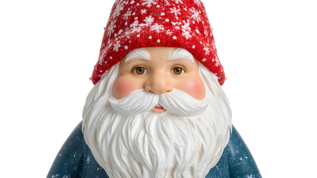 Festive santa figurine with red snowflake hat and white beard isolated on the transparent background for christmas decor