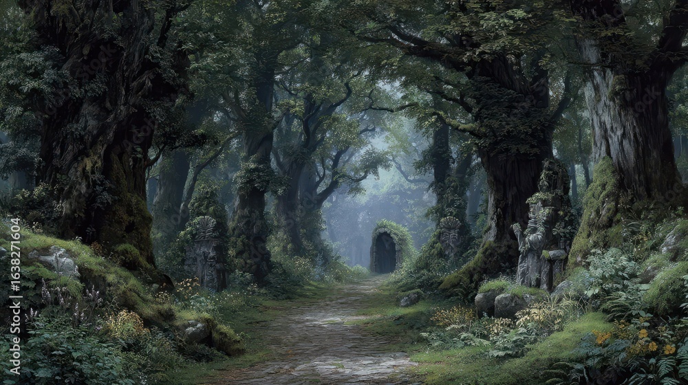 Poster enchanted forest path with whispering spirits and sacred vibes