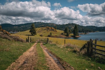 Fototapeta premium Scenic countryside path leading towards a serene lake under a dramatic cloudy sky