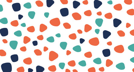 Abstract geometric pattern with orange, teal, and navy rounded shapes scattered on a clean white background, evoking a playful and modern aesthetic