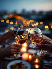 Group Toasting Glasses Under Evening Lights at an Outdoor Gathering