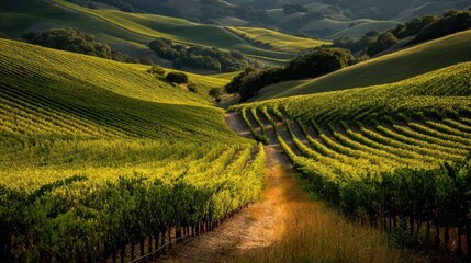 Fototapeta premium Scenic Vineyard with Soft Rolling Hills and Green Rows