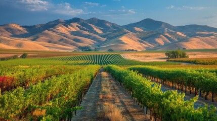 Naklejka premium Scenic Vineyard Rows Under Soft Rolling Hills at Dusk